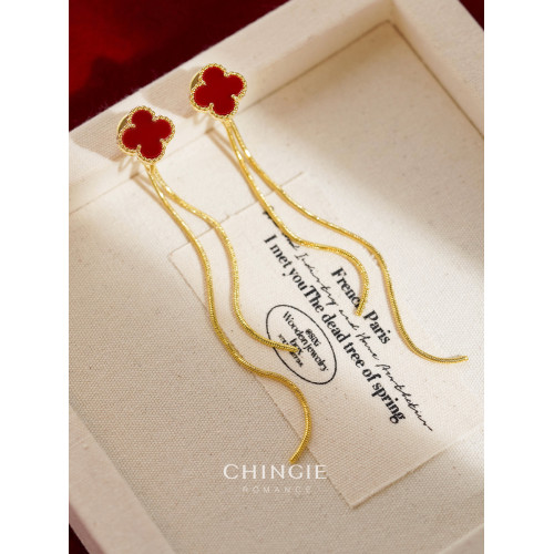 紅色四葉草長流蘇耳飾輕奢高級感蚊香盤耳夾女無耳洞雙戴耳環耳釘