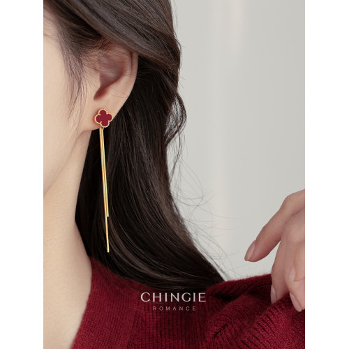 紅色四葉草長流蘇耳飾輕奢高級感蚊香盤耳夾女無耳洞雙戴耳環耳釘