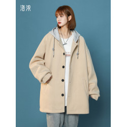 洛濃無性別秋冬連帽毛呢大衣男女假兩件中長款風衣呢料外套青少年