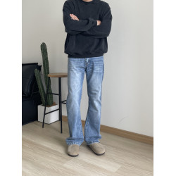 美式復古淺藍水洗做舊風格微喇cleanfit牛仔褲男修身顯瘦直筒長褲