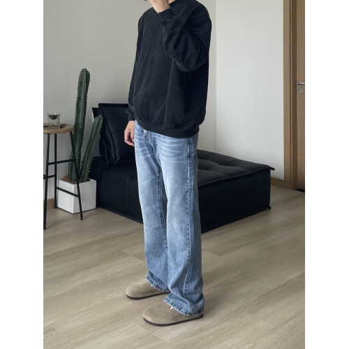 美式復古淺藍水洗做舊風格微喇cleanfit牛仔褲男修身顯瘦直筒長褲