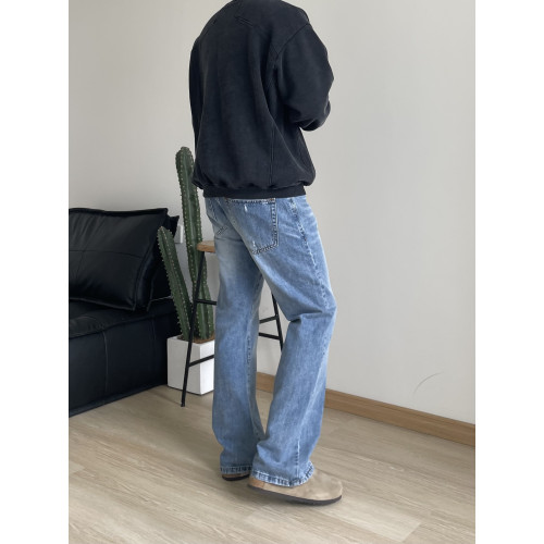 美式復古淺藍水洗做舊風格微喇cleanfit牛仔褲男修身顯瘦直筒長褲