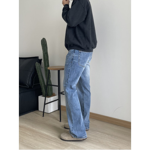 美式復古淺藍水洗做舊風格微喇cleanfit牛仔褲男修身顯瘦直筒長褲