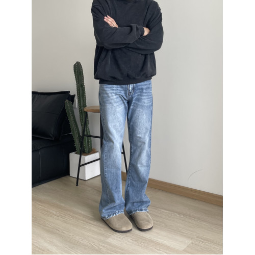 美式復古淺藍水洗做舊風格微喇cleanfit牛仔褲男修身顯瘦直筒長褲