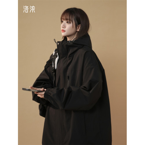 洛濃無性別秋季沖鋒夾克外套男女連帽純色防潑水中性寬鬆大碼學生