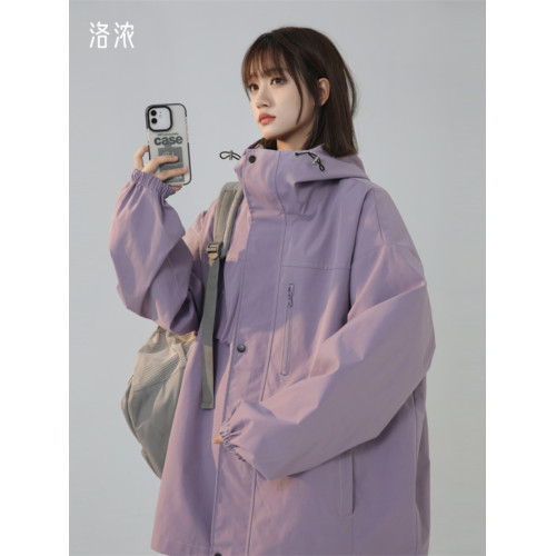 洛濃無性別秋季沖鋒夾克外套男女連帽純色防潑水中性寬鬆大碼學生