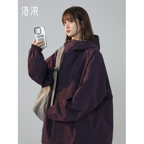 洛濃無性別秋季沖鋒夾克外套男女連帽純色防潑水中性寬鬆大碼學生