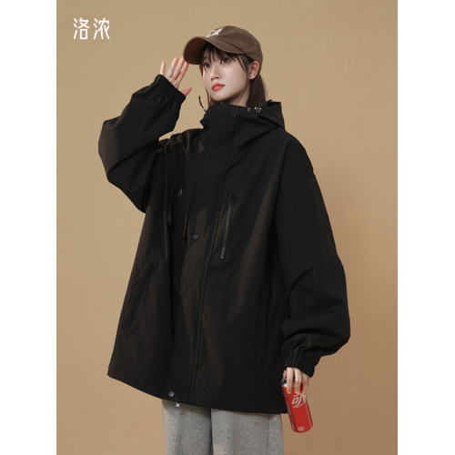 洛濃無性別秋季沖鋒夾克外套男女連帽純色防潑水中性寬鬆大碼學生