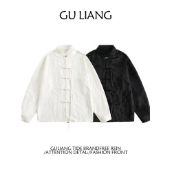 GU LIANG「設計師品牌」/男女同款/國潮中式暗紋盤釦百搭情侶襯衫