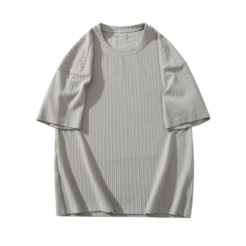 潮牌設計感編織條紋褶皺短袖T恤男大碼寬鬆潮胖子打底衫半袖體恤