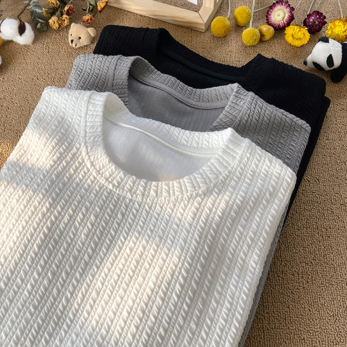 潮牌設計感編織條紋褶皺短袖T恤男大碼寬鬆潮胖子打底衫半袖體恤