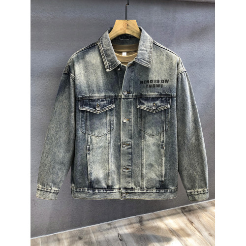 高級復古字母厚板矽膠印水洗牛仔外套男士春秋寬鬆美式工裝夾克男