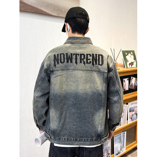 高級復古字母厚板矽膠印水洗牛仔外套男士春秋寬鬆美式工裝夾克男