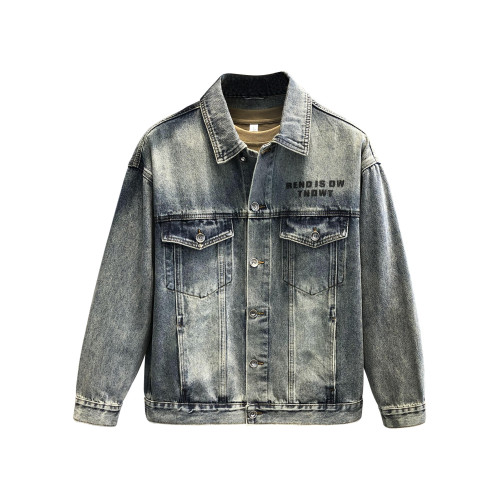 高級復古字母厚板矽膠印水洗牛仔外套男士春秋寬鬆美式工裝夾克男