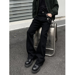 美式高街vibe純黑色微喇牛仔褲男潮直筒顯瘦垂感拖地cleanfit長褲