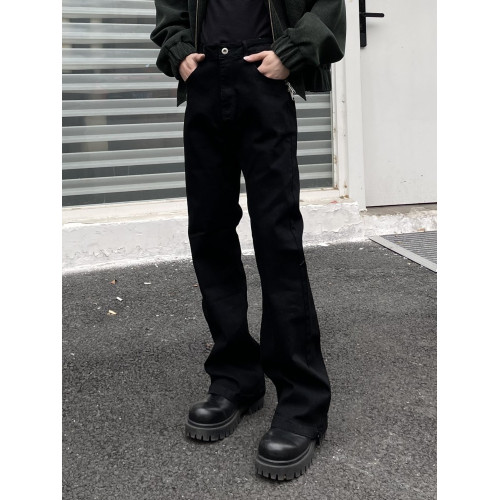 美式高街vibe純黑色微喇牛仔褲男潮直筒顯瘦垂感拖地cleanfit長褲