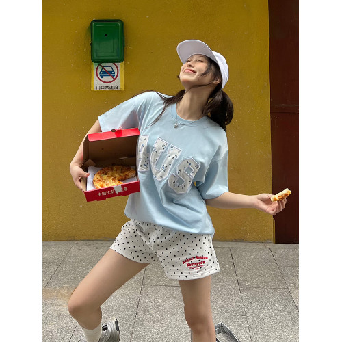 FORUYES官方店 美式復古校園風標語刺綉波點女ins潮修身休閒短褲