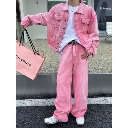 韓版帥氣高級痞帥高街短款牛仔外套時尚男款水洗做舊濶腿褲兩件裝