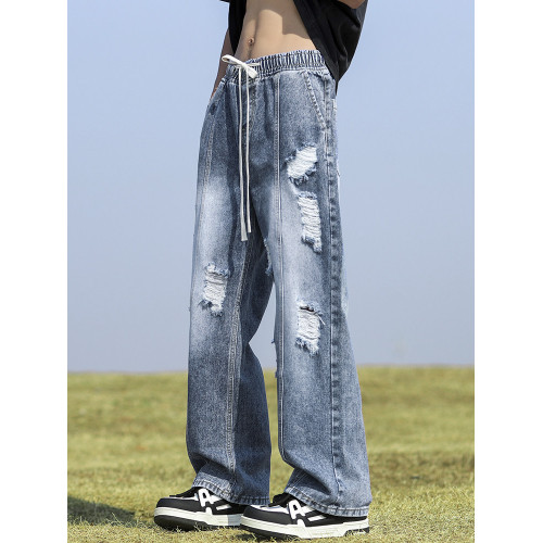 復古破洞牛仔褲男款春秋季男生潮牌ins寬鬆直筒休閒濶腿褲子夏季