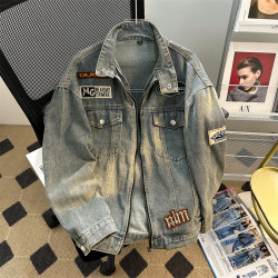 立領機車牛仔外套男款春秋季美式潮牌vibe痞帥寬鬆百搭拉鍊夾克衫