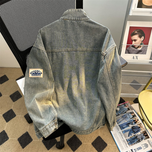 立領機車牛仔外套男款春秋季美式潮牌vibe痞帥寬鬆百搭拉鍊夾克衫