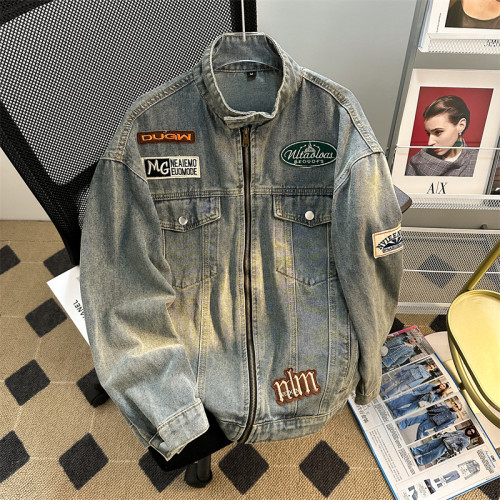 立領機車牛仔外套男款春秋季美式潮牌vibe痞帥寬鬆百搭拉鍊夾克衫