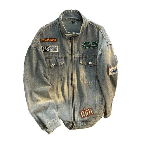 立領機車牛仔外套男款春秋季美式潮牌vibe痞帥寬鬆百搭拉鍊夾克衫