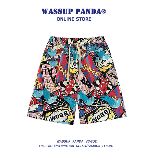 WASSUP PANDA冰絲沙灘短褲男夏季潮牌寬鬆直筒休閒速乾情侶五分褲