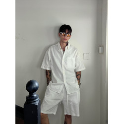 OXFREAK 「夏季薄款 亞麻面料」純色慵懶短褲男寬鬆過膝休閒中褲