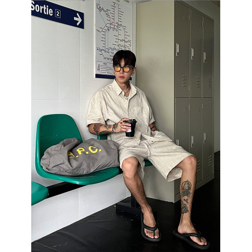 OXFREAK 「夏季薄款 亞麻面料」純色慵懶短褲男寬鬆過膝休閒中褲