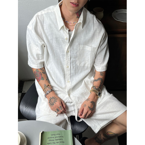 OXFREAK 「夏季薄款 亞麻面料」純色慵懶短褲男寬鬆過膝休閒中褲