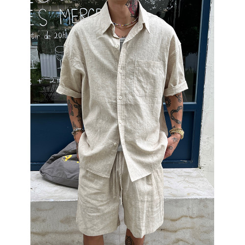 OXFREAK 「夏季薄款 亞麻面料」純色慵懶短褲男寬鬆過膝休閒中褲