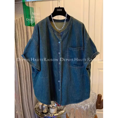 特大碼300斤短袖牛仔外套男女裝夏季薄款襯衫式復古寬鬆休閒上衣2