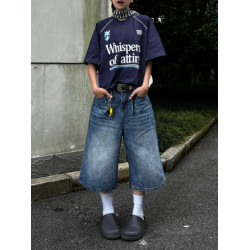 春夏新款閃電紋七分牛仔褲男款寬鬆直筒潮牌時尚休閒短褲水洗復古