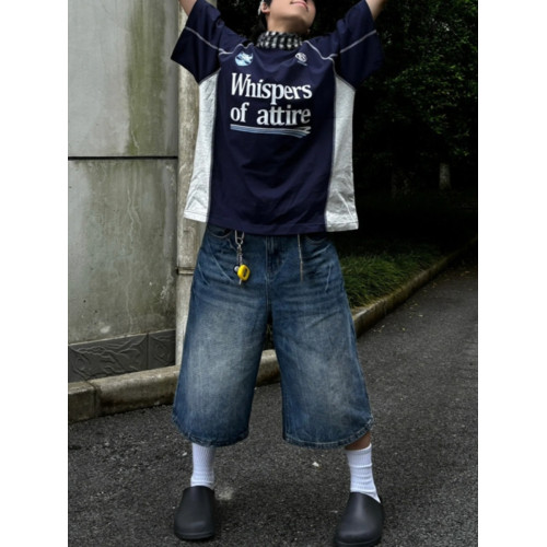 春夏新款閃電紋七分牛仔褲男款寬鬆直筒潮牌時尚休閒短褲水洗復古