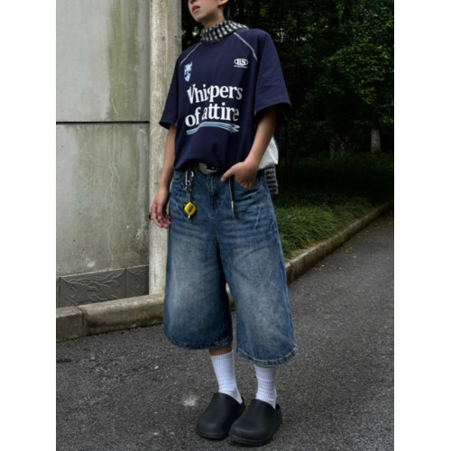 春夏新款閃電紋七分牛仔褲男款寬鬆直筒潮牌時尚休閒短褲水洗復古