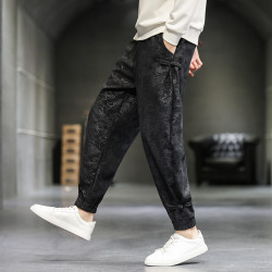 風盤釦壓花褲子男春季唐裝民族風束腳休閒長褲哈倫寬鬆燈籠褲