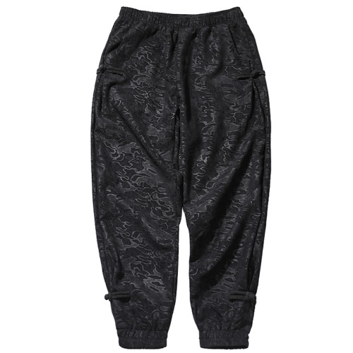 風盤釦壓花褲子男春季唐裝民族風束腳休閒長褲哈倫寬鬆燈籠褲