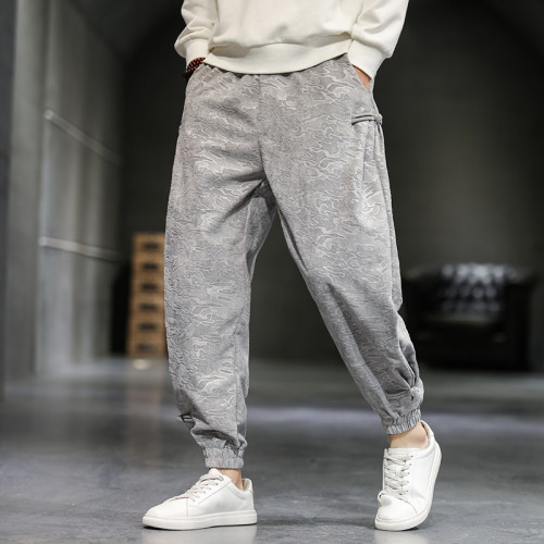 風盤釦壓花褲子男春季唐裝民族風束腳休閒長褲哈倫寬鬆燈籠褲