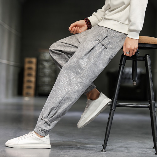 風盤釦壓花褲子男春季唐裝民族風束腳休閒長褲哈倫寬鬆燈籠褲