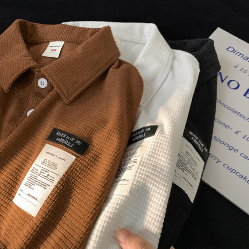 華夫格短袖polo衫男夏季潮牌vintage美式繙領t恤oversize半袖