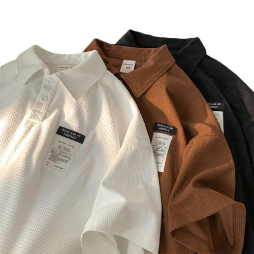 華夫格短袖polo衫男夏季潮牌vintage美式繙領t恤oversize半袖