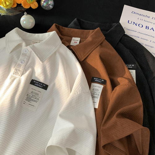 華夫格短袖polo衫男夏季潮牌vintage美式繙領t恤oversize半袖