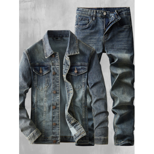 復古牛仔外套裝男潮牌秋冬季工裝夾克簡約百搭外穿休閒牛仔長褲子