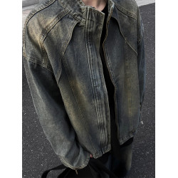 美式復古水洗黃泥染藍色立領牛仔夾克男款痞帥寬鬆拉鍊外套上衣潮