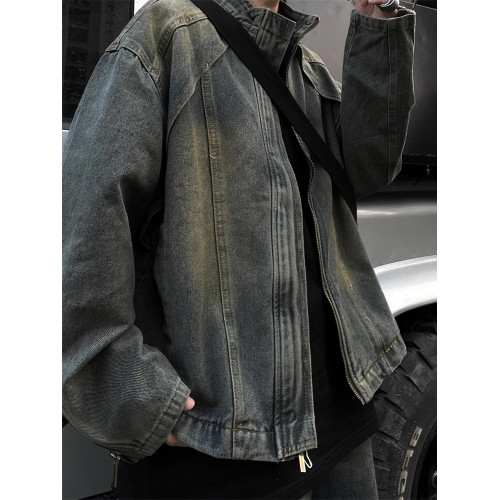 美式復古水洗黃泥染藍色立領牛仔夾克男款痞帥寬鬆拉鍊外套上衣潮