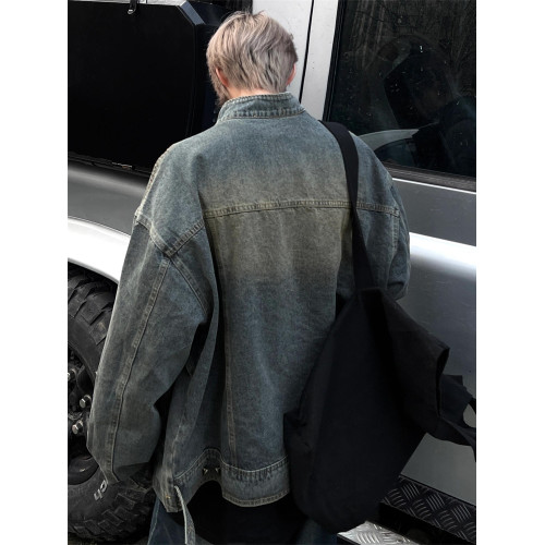 美式復古水洗黃泥染藍色立領牛仔夾克男款痞帥寬鬆拉鍊外套上衣潮