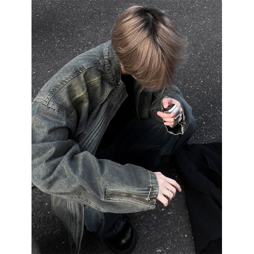 美式復古水洗黃泥染藍色立領牛仔夾克男款痞帥寬鬆拉鍊外套上衣潮