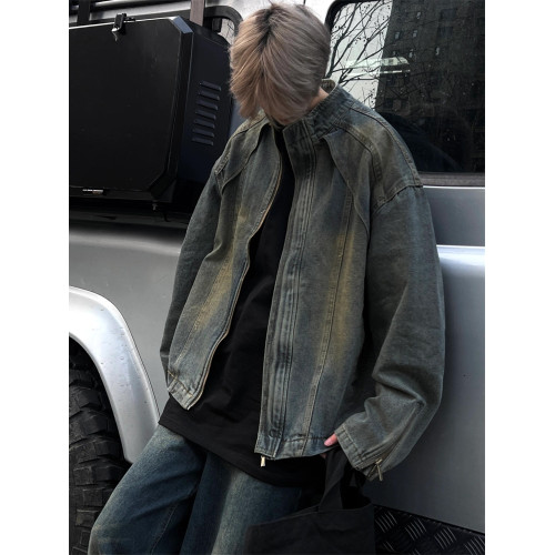 美式復古水洗黃泥染藍色立領牛仔夾克男款痞帥寬鬆拉鍊外套上衣潮