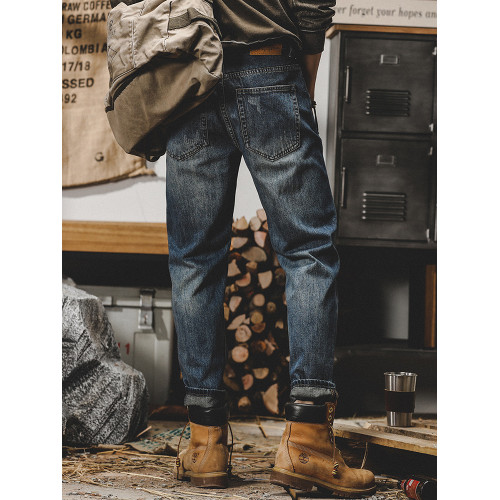 美式復古做舊水洗加絨牛仔褲男2025新款寬鬆直筒春秋男士休閒褲子